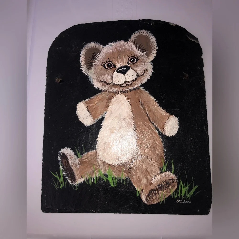 Handmade Vintage Acrylic Slate Painting Teddy Bear Hanging Art